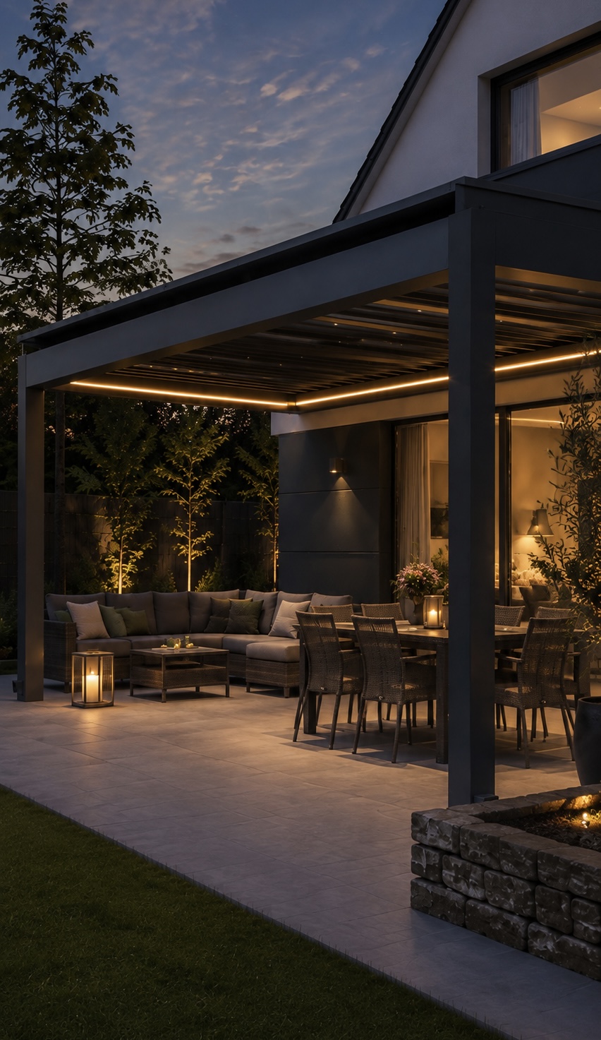 Terrassenüberdachung mit Lamellendach und beleuchtetem Loungebereich am Abend – Projekt von GANZMANN in Moers