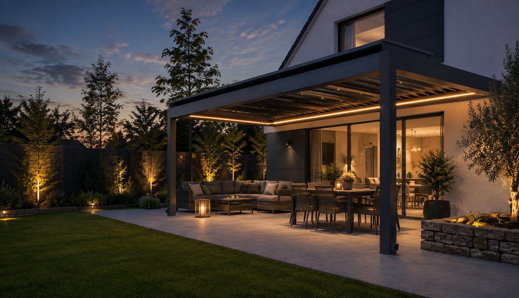 Beleuchtete Terrassenüberdachung mit Lamellendach und Loungebereich am Abend, gebaut von GANZMANN in Moers